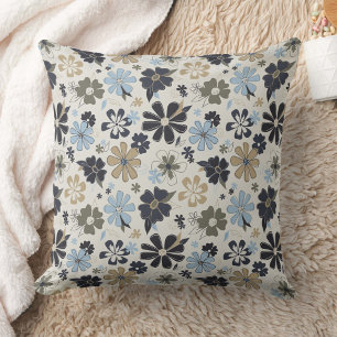 Floral Retro Blue Tan Pattern Throw Pillow