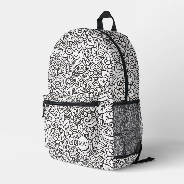 Floral Retro Doodle Printed Backpack (Back Corner Right)