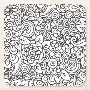 Floral Retro Doodle Square Paper Coaster
