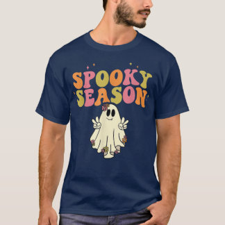 Floral Retro Groovy Ghost Spooky Season Halloween  T-Shirt