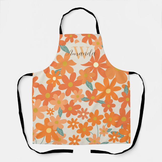 Floral Retro Groovy Orange Monogram Name Apron (Front)
