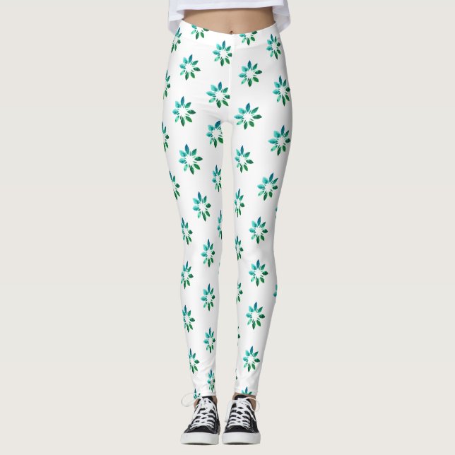 Floral Retro Pattern Green White Leggings (Front)