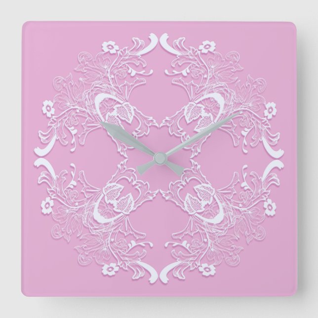 Floral retro pink lace design. square wall clock (Front)