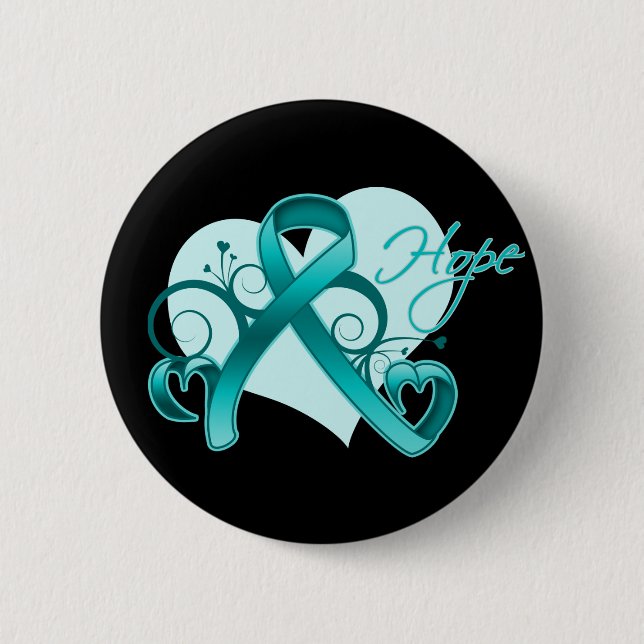 Floral Ribbon Hope - Teal Ribbon 2 Inch Round Button (Front)