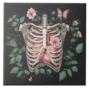 Floral Ribcage and Heart Botanical Illustration Tile