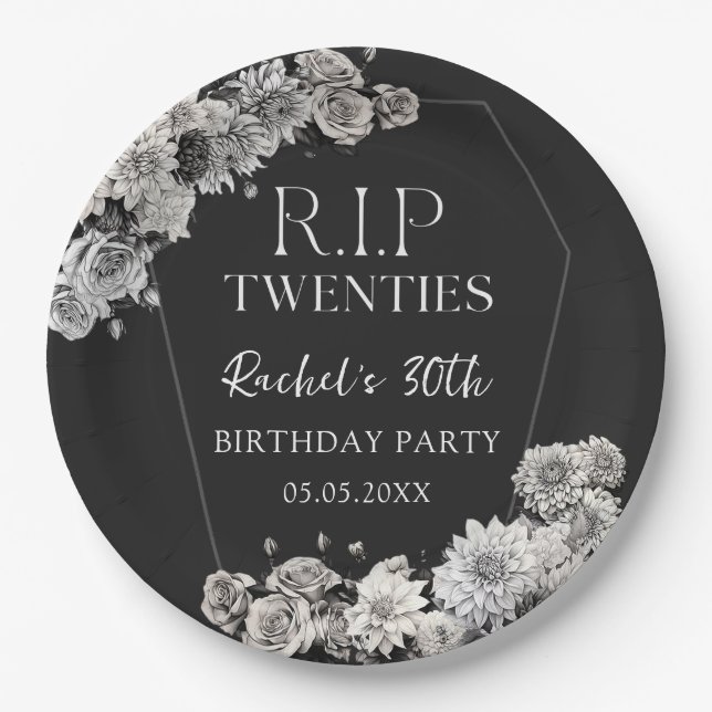 Floral RIP Twenties 30th Birthday Paper Plates (Front)