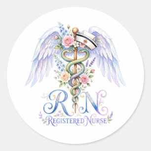 Floral RN Registered Nurse Angel Wings Watercolor  Classic Round Sticker