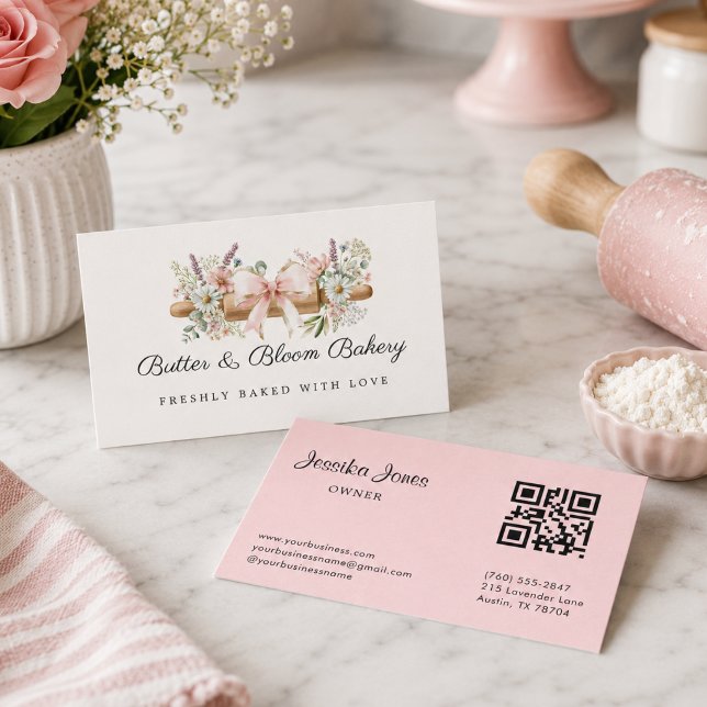 Floral Rolling Pin Bakery Business Card (Floral Rolling pin bakery business card)