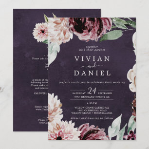 Floral Romance All In One Plum Wedding Invitation