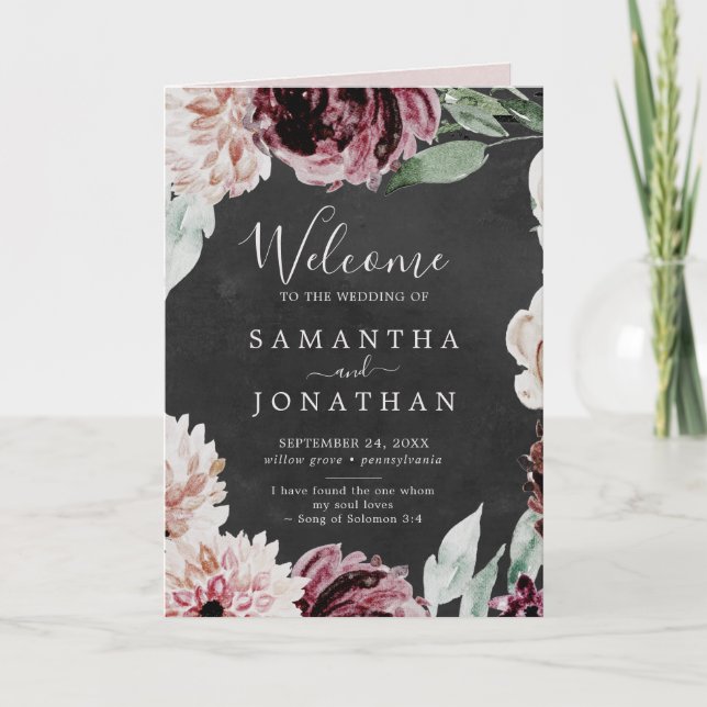Floral Romance | Gray Folded Wedding Program (Front)