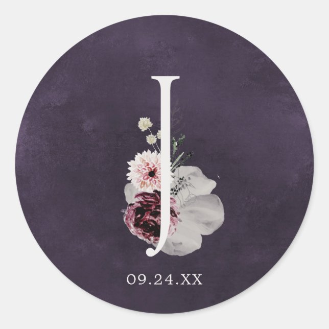 Floral Romance Letter J Monogram Plum Wedding Seal (Front)