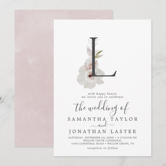Floral Romance Letter L Monogram Wedding Invitation (Front/Back)