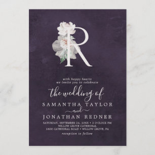 Floral Romance Letter R Monogram Plum Wedding Invitation