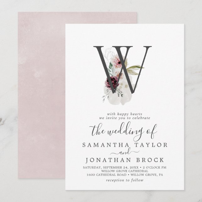 Floral Romance Letter W Blush Monogram Wedding Invitation (Front/Back)