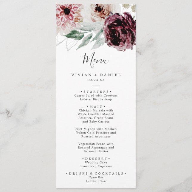 Floral Romance Menu Mariage Dîner (Devant)