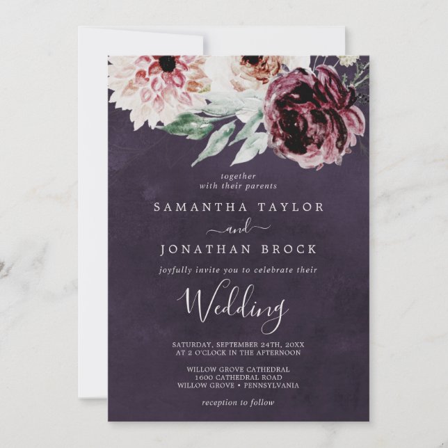 Floral Romance | Plum Wedding Invitation (Front)