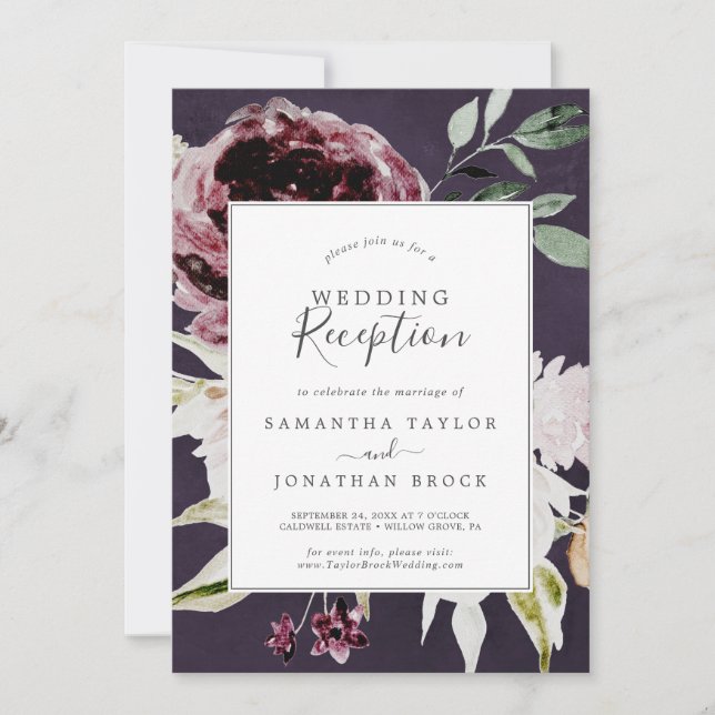 Floral Romance | Plum Wedding Reception Invitation (Front)