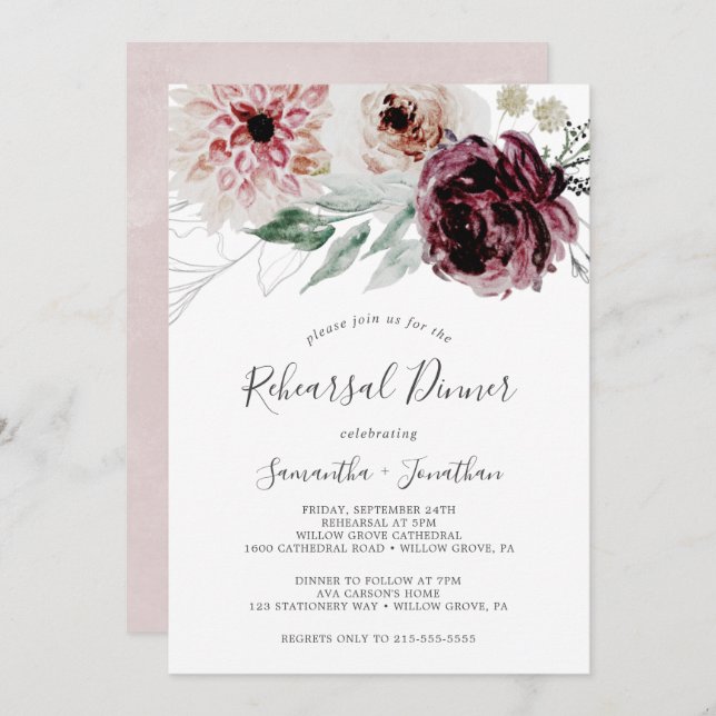 Floral Romance Rehearsal Dinner Invitation (Front/Back)