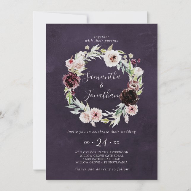 Floral Romance Wreath | Plum Wedding Invitation (Front)