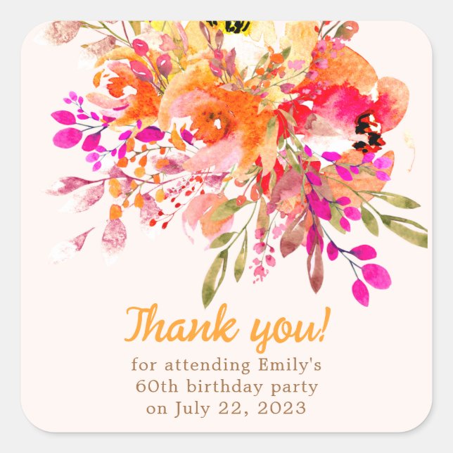 Floral Romantic Party Thank You Square Sticker (Front)