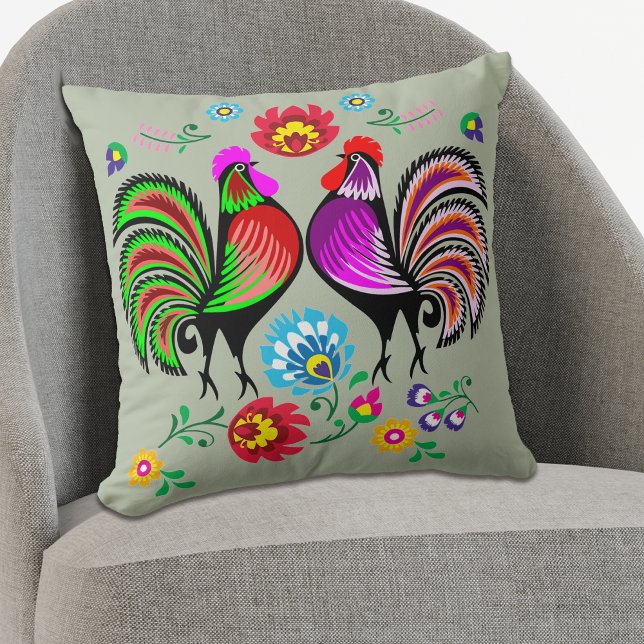 Floral Rooster Boho Pattern Throw Pillow (Creator Uploaded)