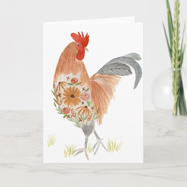 Floral Rooster Card Watercolor Cute (Front)