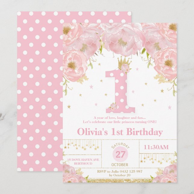 Floral rose 1er anniversaire Princesse Invitation  (Devant / Derrière)