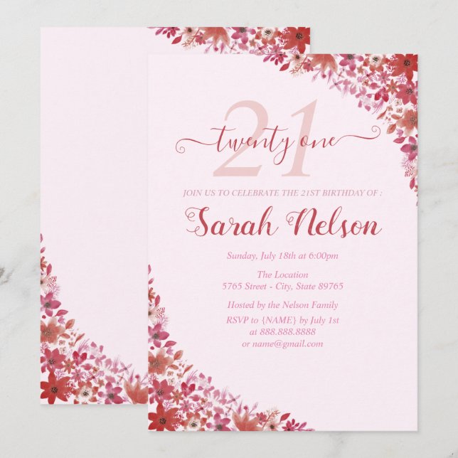Floral rose 21e Invitation anniversaire (Devant / Derrière)