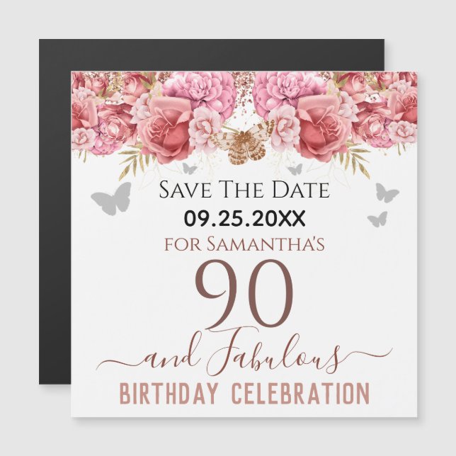 Floral rose 90e anniversaire Save the Date Magnet (Devant / Derrière)