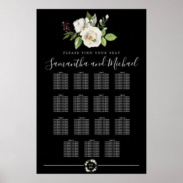 Floral Rose blanc sur tableau noir 15 tables (Devant)