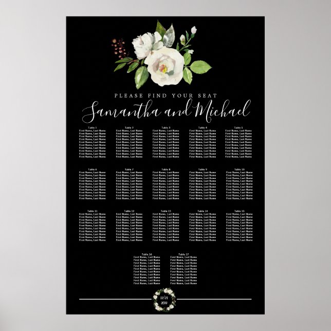 Floral Rose blanc sur tableau noir 17 tables (Devant)