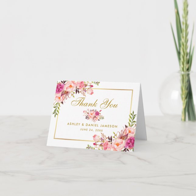 Floral Rose Blush Gold Mariage Merci note (Devant)