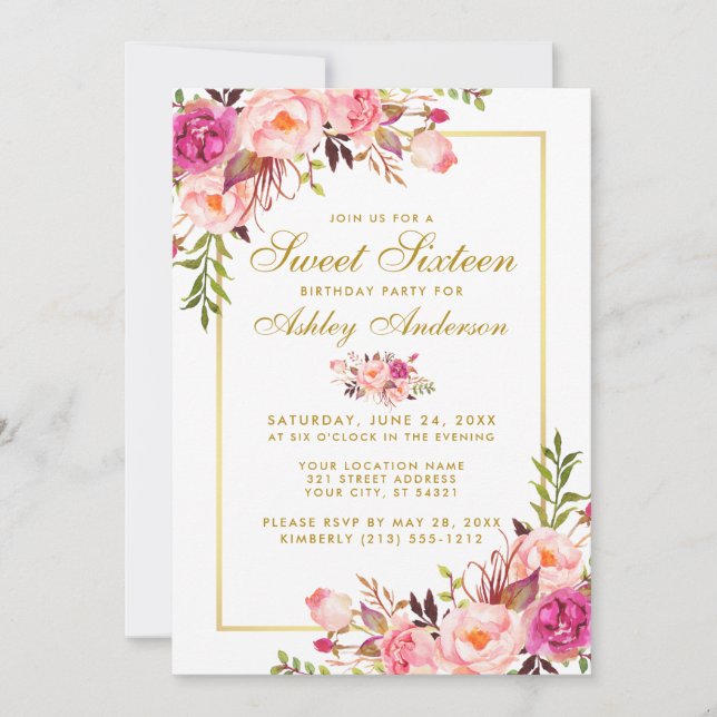 Floral Rose Blush Gold Sweet 16 Invitation d'anniv (Devant)