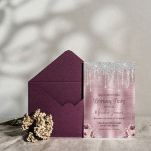 Floral Rose Blush Pink Glitter Drips Birthday Invitation