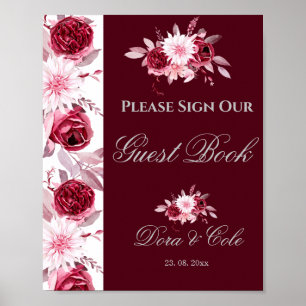 Floral rose Bourgogne Mariage Poster du livre d'or