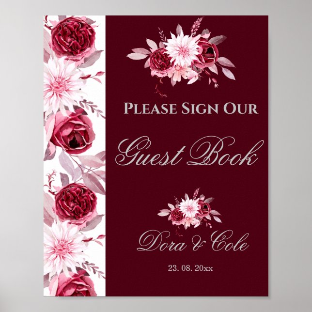 Floral rose Bourgogne Mariage Poster du livre d'or (Devant)