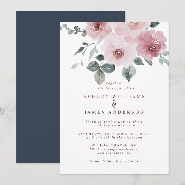 Floral Rose Burgundy Dark Blue Wedding Invitation (Front/Back)