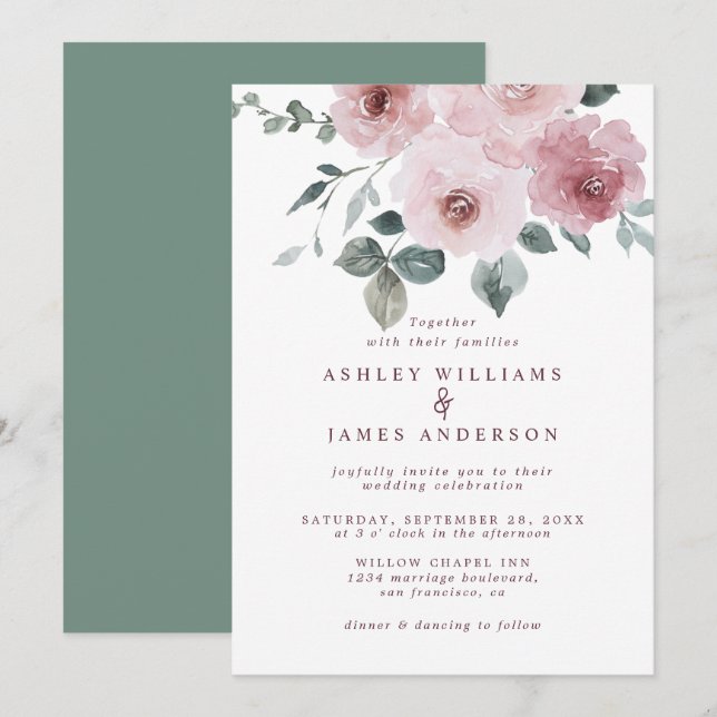 Floral Rose Burgundy Dusty Green Wedding Invitation (Front/Back)