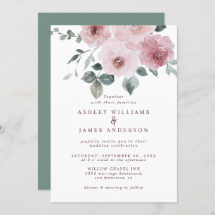 Floral Rose Burgundy Dusty Green Wedding Invitation