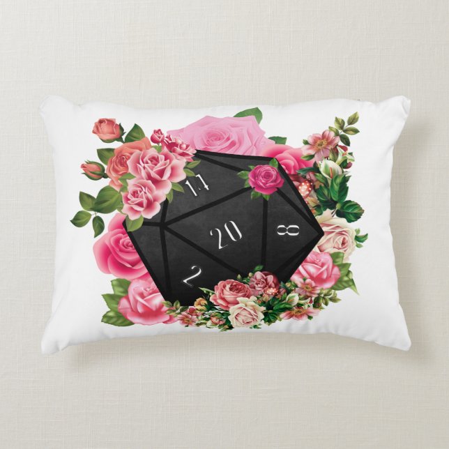 Floral Rose D20 Tabletop RPG Gaming Dice Accent Pillow (Front)