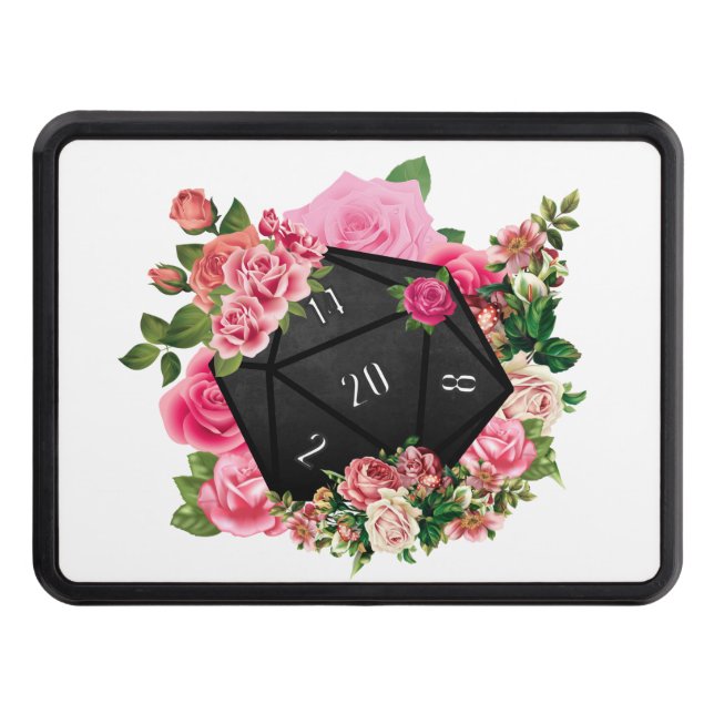 Floral Rose D20 Tabletop RPG Gaming Dice Trailer Hitch Cover (Front)