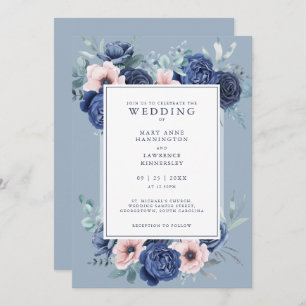 Floral Rose Dusty Blue Wedding Invitation
