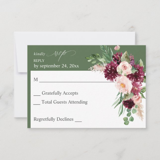 Floral rose et bourgogne 7 non Repas RSVP - Vert (Devant)