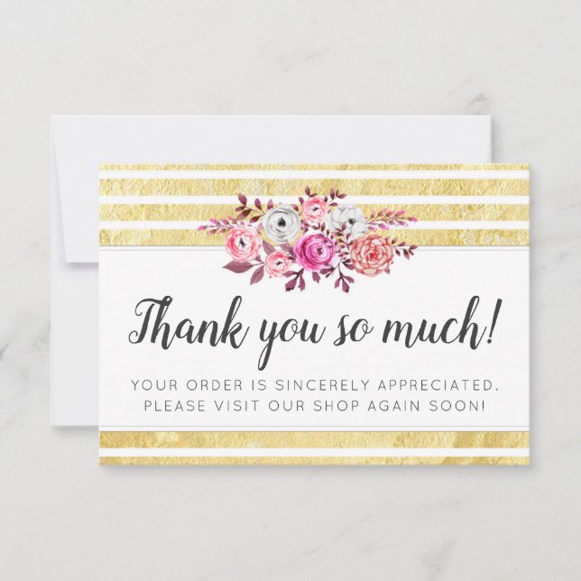Floral rose et doré doré Merci rayé moderne (Devant)
