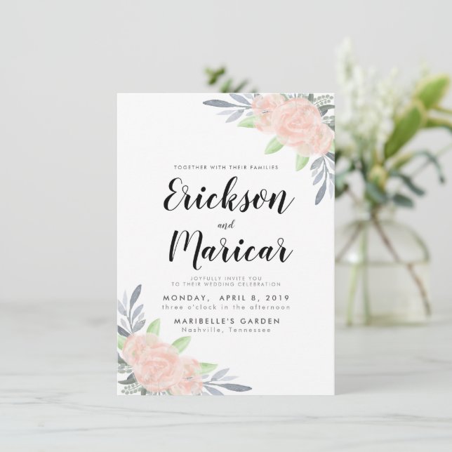 Floral rose et gris | FAIRE-PART DE MARIAGE (Debout devant)