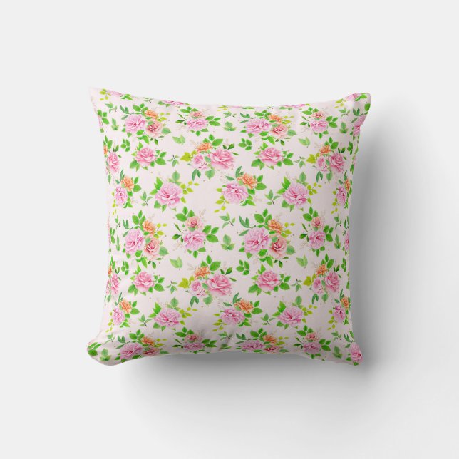 Floral Rose Flowers with Leaves Pattern-23656 Throw Pillow (Front)