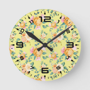 Floral Rose Flowers Yellow Background-2322 Round Clock