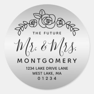 Floral Rose Future Mr & Mrs Silver Return Address Classic Round Sticker