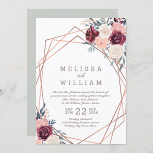 Floral Rose Geometric Burgundy Ivory Wedding Invitation