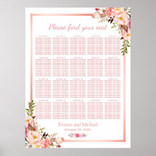 Floral Rose Gold 20 Tables Wedding Seating Chart